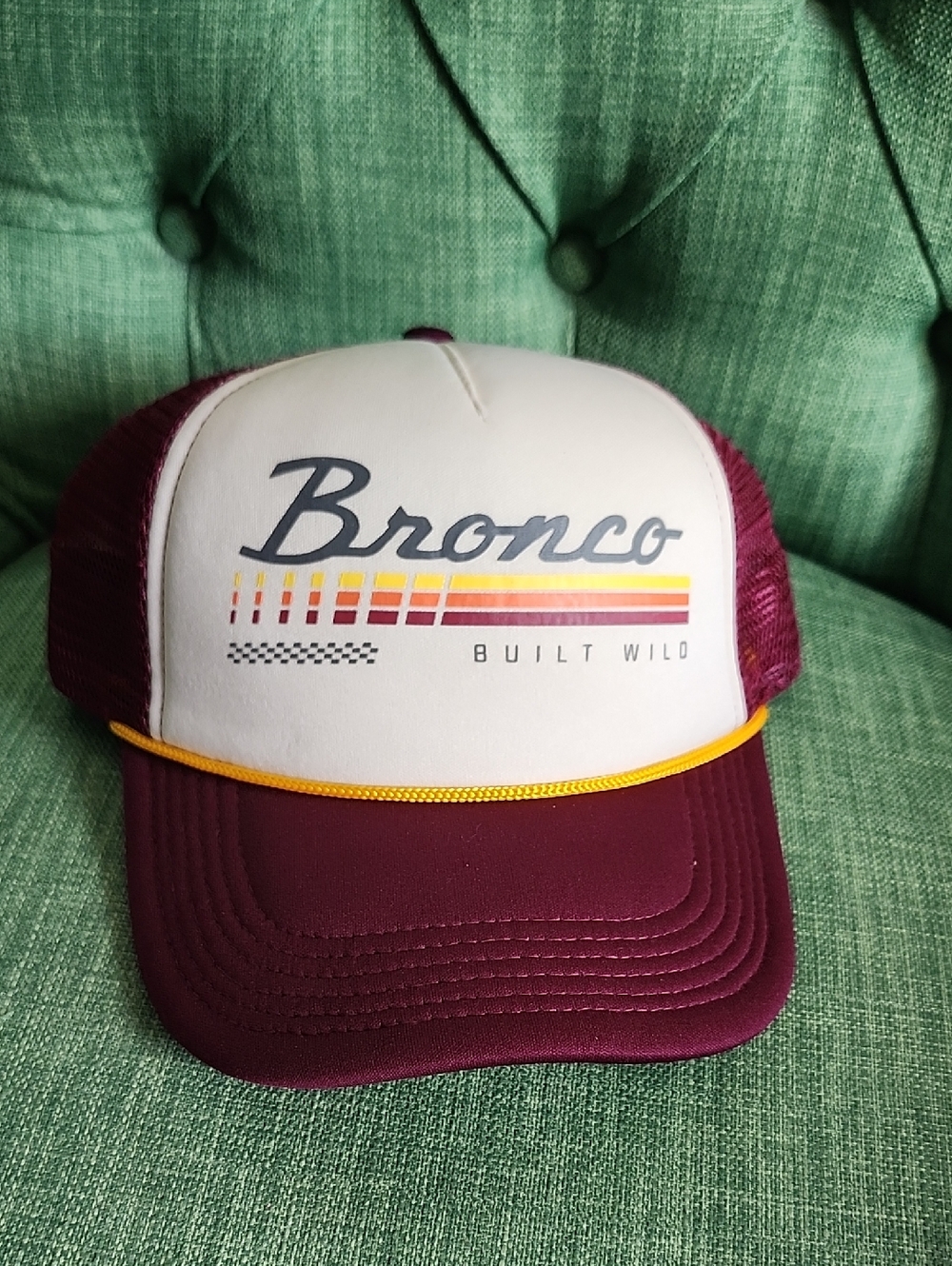 Bronco 'Built Wild' Trucker Hat - Beige & Burgundy with Yellow Trim